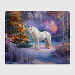 Плед флисовый Белая новогодняя лошадь, цвет: 3D-велсофт