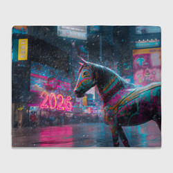 Плед флисовый Лошадка новогодняя в стиле киберпанк, цвет: 3D-велсофт