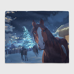 Плед флисовый Лошадь на фоне новогодней елки, цвет: 3D-велсофт