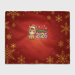 Плед флисовый Новогодняя лошадка 2026 на красном фоне, цвет: 3D-велсофт