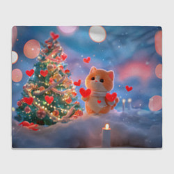 Плед флисовый Рыжий котенок в сердечках у елочки, цвет: 3D-велсофт