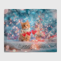 Плед флисовый Котенок и гирлянда из сердечек, цвет: 3D-велсофт