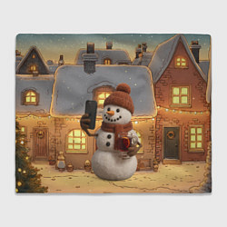 Плед флисовый Снеговик с глинтвейном делает селфи, цвет: 3D-велсофт