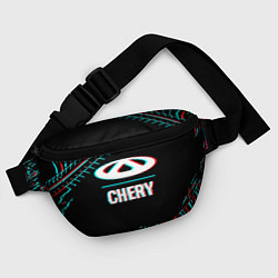 Поясная сумка Значок Chery в стиле glitch на темном фоне, цвет: 3D-принт — фото 2