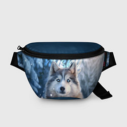 Поясная сумка Хаски с голубыми глазами в зимнем лесу, цвет: 3D-принт