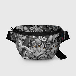 Поясная сумка С котами и рыбой на фоне сакуры в волнах, цвет: 3D-принт