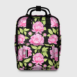 Рюкзак женский Розовые пионы на черном, цвет: 3D-принт