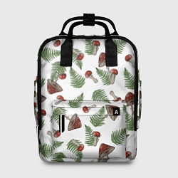 Рюкзак женский Мухоморы и папоротник на белом - паттерн, цвет: 3D-принт