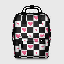 Рюкзак женский Розовые сердечки на фоне шахматной черно-белой дос, цвет: 3D-принт