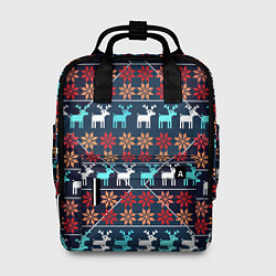Рюкзак женский Новогодние олени и снежинки узор, цвет: 3D-принт