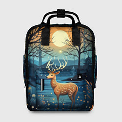 Рюкзак женский Олень в ночном лесу фолк-арт, цвет: 3D-принт