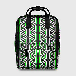 Рюкзак женский Бело-зелёные треугольники на чёрном фоне, цвет: 3D-принт