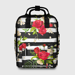 Рюкзак женский Красные розы на черных полосках, цвет: 3D-принт