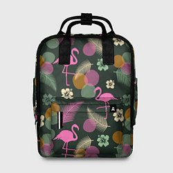 Рюкзак женский Фламинго и листья на темно-зеленом, цвет: 3D-принт