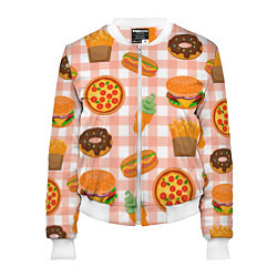 Бомбер женский PIZZA DONUT BURGER FRIES ICE CREAM pattern, цвет: 3D-белый