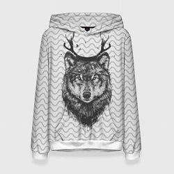 Толстовка-худи женская Рогатый волк, цвет: 3D-белый