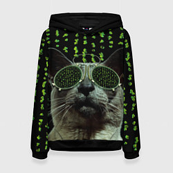 Толстовка-худи женская Кот в матрице, цвет: 3D-черный