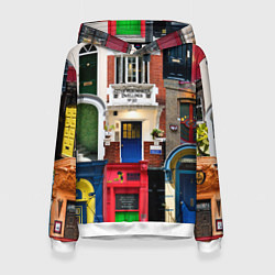 Толстовка-худи женская London doors цифровой коллаж, цвет: 3D-белый