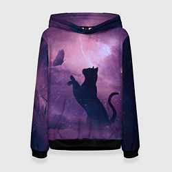 Толстовка-худи женская Кошка играет с бабочкой, цвет: 3D-черный
