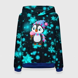 Толстовка-худи женская Новогодний пингвин, цвет: 3D-синий