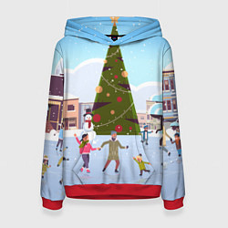 Толстовка-худи женская Новогодний каток, цвет: 3D-красный