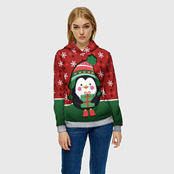 Толстовка-худи женская Пингвин Новый год, цвет: 3D-меланж — фото 2