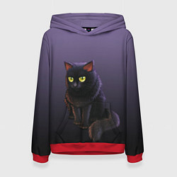 Толстовка-худи женская Черный кот на фиолетовом, цвет: 3D-красный