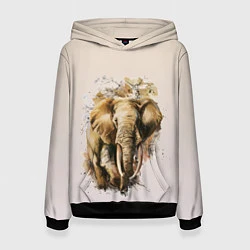 Толстовка-худи женская Акварельный слон брызги, цвет: 3D-черный