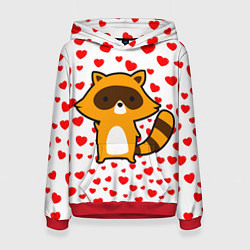 Толстовка-худи женская Енот в сердечках, цвет: 3D-красный