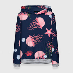Толстовка-худи женская Розовые медузы, цвет: 3D-меланж