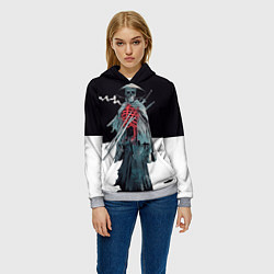 Толстовка-худи женская Скелет Самурай с трубкой на черно белом фоне, цвет: 3D-меланж — фото 2