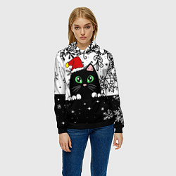Толстовка-худи женская Новогодний кот в колпаке Санты, цвет: 3D-черный — фото 2