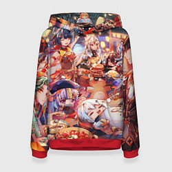 Толстовка-худи женская Новый год в геншин импакте все герои, цвет: 3D-красный