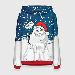 Толстовка-худи женская НОВОГОДНИЙ КОТ БЕНДЕР МЕМ, цвет: 3D-красный