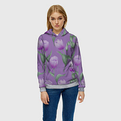 Толстовка-худи женская Фиолетовые тюльпаны с зелеными листьями, цвет: 3D-меланж — фото 2