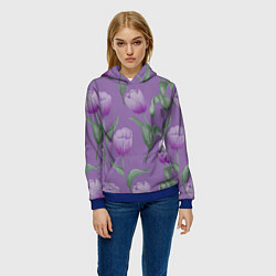 Толстовка-худи женская Фиолетовые тюльпаны с зелеными листьями, цвет: 3D-синий — фото 2