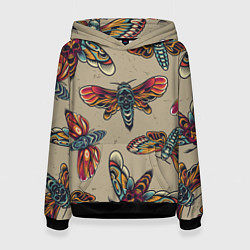 Толстовка-худи женская Мотыльки-черепа, цвет: 3D-черный