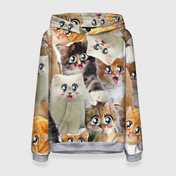 Толстовка-худи женская Много кошек с большими анимэ глазами, цвет: 3D-меланж