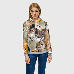 Толстовка-худи женская Много кошек с большими анимэ глазами, цвет: 3D-меланж — фото 2