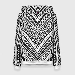 Толстовка-худи женская Абстракция черно-белая Волны, полосы, вензеля Моно, цвет: 3D-белый
