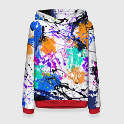 Толстовка-худи женская Брызги и мазки разноцветных красок на белом фоне, цвет: 3D-красный