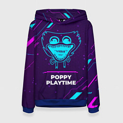 Толстовка-худи женская Символ Poppy Playtime в неоновых цветах на темном, цвет: 3D-синий