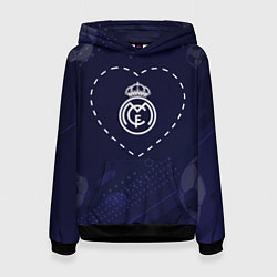 Толстовка-худи женская Лого Real Madrid в сердечке на фоне мячей, цвет: 3D-черный