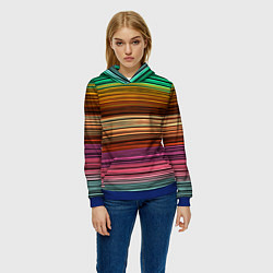 Толстовка-худи женская Multicolored thin stripes Разноцветные полосы, цвет: 3D-синий — фото 2