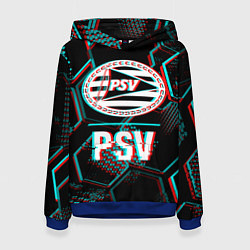 Толстовка-худи женская PSV FC в стиле Glitch на темном фоне, цвет: 3D-синий