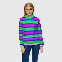 Толстовка-худи женская Зеленый и фиолетовые яркие неоновые полосы striped, цвет: 3D-меланж — фото 2