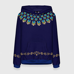 Толстовка-худи женская Павлиньи перья с вензелями, цвет: 3D-синий