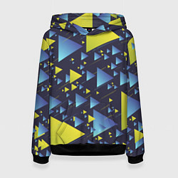 Толстовка-худи женская Абстракция Из Жёлтых и Синих Треугольников На Тёмн, цвет: 3D-черный