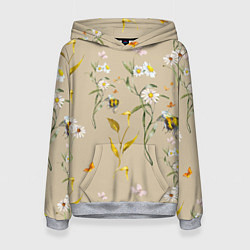 Толстовка-худи женская Нарисованные Цветы Ромашки и Пчёлы, цвет: 3D-меланж