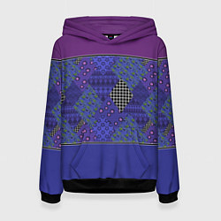Толстовка-худи женская Combined burgundy-blue pattern with patchwork, цвет: 3D-черный